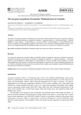 The Ant Genus Linepithema (Formicidae: Dolichoderinae) in Colombia