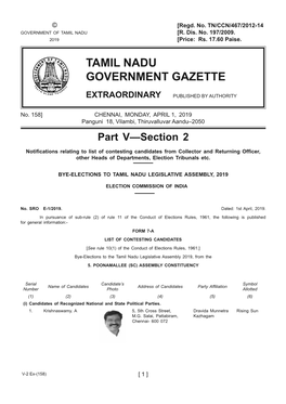 158] CHENNAI, MONDAY, APRIL 1, 2019 Panguni 18, Vilambi, Thiruvalluvar Aandu–2050 Part V—Section 2