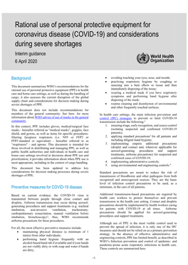 Rational Use of Personal Protective Equipment for Coronavirus Disease (COVID-19) and Considerations During Severe Shortages