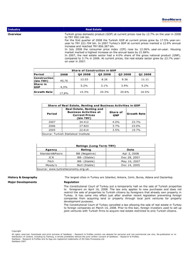 Industry Real Estate Overview Turkish Gross Domestic Product (GDP) at Current Prices Rose by 12.7% on the Year in 2008 to TRY 950.144 Bln