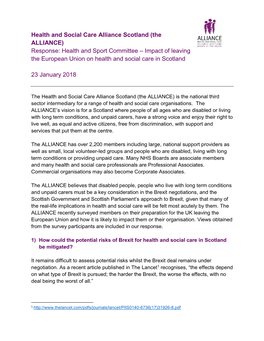 (The ALLIANCE) Response: Health and Sport Committee – Impact of Leaving the European Union on Health and Social Care in Scotland