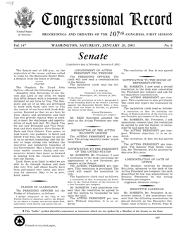 Congressional Record United States of America PROCEEDINGS and DEBATES of the 107Th CONGRESS, FIRST SESSION