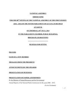 National Assembly Order Paper for the 88Th Sitting