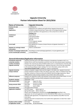 Uppsala University Partner Information Sheet for 2015/2016