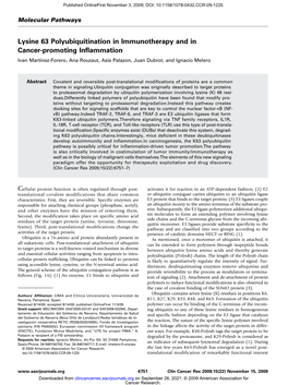 Lysine 63 Polyubiquitination in Immunotherapy and in Cancer-Promoting Inflammation Ivan Martinez-Forero, Ana Rouzaut, Asis Palazon, Juan Dubrot, and Ignacio Melero