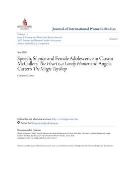 Speech, Silence and Female Adolescence in Carson Mccullers’ the Heart Is a Lonely Hunter and Angela Carter’S the Magic Toyshop Catherine Martin