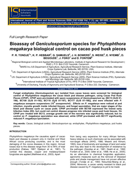 Bioassay of Geniculosporium Species for Phytophthora Megakarya Biological Control on Cacao Pod Husk Pieces