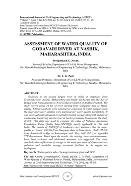 Assessment of Water Quality of Godavari River at Nashik, Maharashtra, India