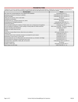 PROHIBITED ITEMS Prohibited Items Are Items the Laboratory Is Prohibited from Purchasing with Government Funds Without Special Approval