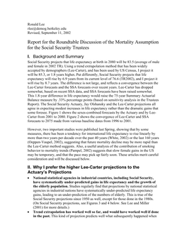 Report for the Roundtable Discussion of the Mortality Assumption for the Social Security Trustees