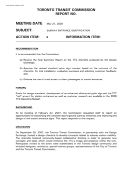 Toronto Transit Commission Report No. Subject