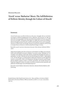 Greek’ Versus ‘Barbarian’ Music: the Self-Deﬁnition of Hellenic Identity Through the Culture of Mousikē