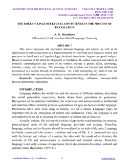 INTRODUCTION Language Defines the Worldview and the Essence of Different Nations, Describing the World Perception Experience, Hands Down from Generation to Generation