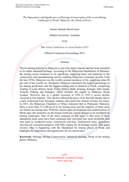 The Importance and Significance of Heritage Conservation of the Ex-Tin Mining Landscape in Perak, Malaysia, the Abode of Grace