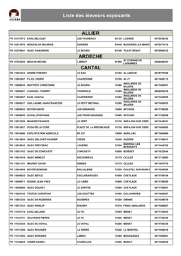 Liste Des Éleveurs Exposants ALLIER ARDECHE CANTAL