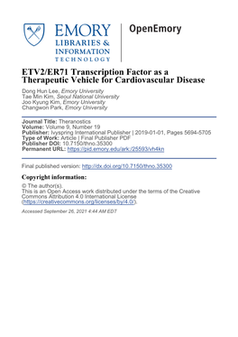 ETV2/ER71 Transcription Factor As a Therapeutic Vehicle For