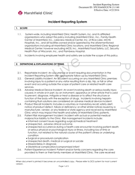 Marshfield Clinic Incident Reporting System Policy