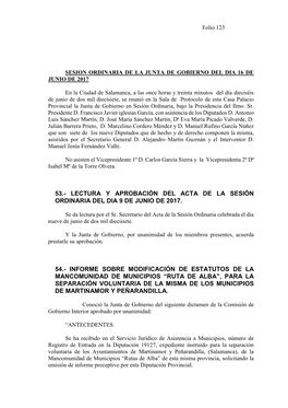 53.- Lectura Y Aprobación Del Acta De La Sesión Ordinaria Del Dia 9 De Junio De 2017. 54.- Informe Sobre Modificación De Esta