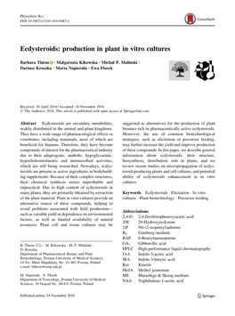 Ecdysteroids: Production in Plant in Vitro Cultures