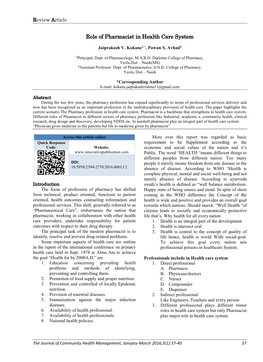 Role of Pharmacist in Health Care System