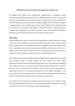 MA39 Spatial Behavioural Ecology of the Malagasy Giant Hognose Snake the Malagasy Giant Hognose Snake, Leioheterodon Madagascari