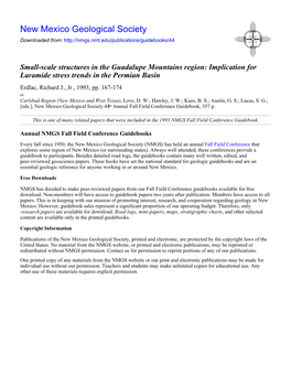 Small-Scale Structures in the Guadalupe Mountains Region: Implication for Laramide Stress Trends in the Permian Basin Erdlac, Richard J., Jr., 1993, Pp