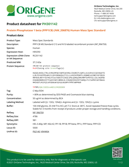 Protein Phosphatase 1 Beta (PPP1CB) (NM 206876) Human Mass Spec Standard Product Data