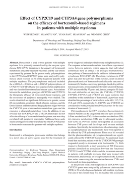 Effect of CYP2C19 and CYP3A4 Gene Polymorphisms on the Efficacy of Bortezomib-Based Regimens in Patients with Multiple Myeloma