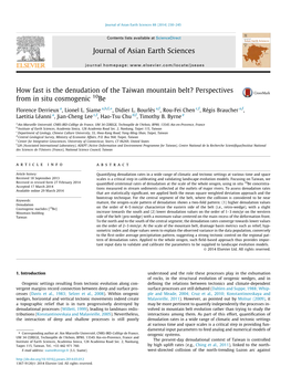 How Fast Is the Denudation of the Taiwan Mountain Belt? Perspectives from in Situ Cosmogenic 10Be ⇑ Florence Derrieux A, Lionel L