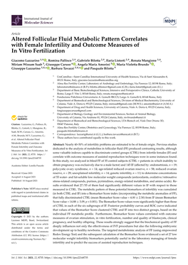 Altered Follicular Fluid Metabolic Pattern Correlates with Female Infertility and Outcome Measures of in Vitro Fertilization