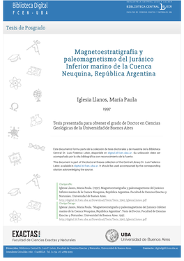 Magnetoestratigrafía Y Paleomagnetismo Del Jurásico Inferior Marino De La Cuenca Neuquina, República Argentina