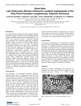 Short Note Late Ordovician–Silurian Orthoconic Nautiloid Cephalopods in the View Point Formation Conglomerate, Antarctic Peninsula ALAN P.M