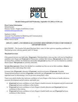 Goucher Poll Asked Maryland Likely Voters for Their Opinions Regarding Candidates for Maryland Governor, Attorney General, and U.S