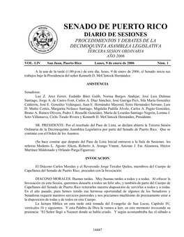 Senado De Puerto Rico Diario De Sesiones Procedimientos Y Debates De La Decimoquinta Asamblea Legislativa Tercera Sesion Ordinaria Año 2006 Vol