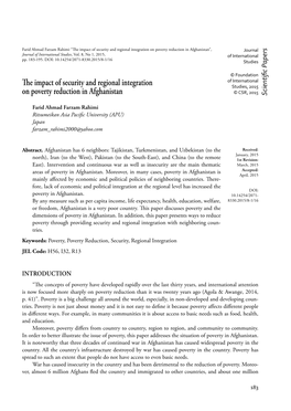 E Impact of Security and Regional Integration on Poverty Reduction in Afghanistan”, Journal Journal of International Studies, Vol