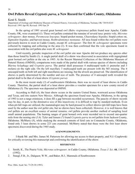 Owl Pellets Reveal Cryptotis Parva, a New Record for Caddo County, Oklahoma Kent S