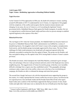 Arab League 2019 Topic: Yemen - Rethinking Approaches to Reaching Political Stability