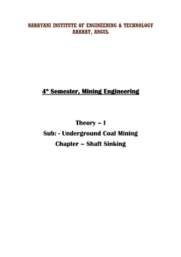 I Sub: - Underground Coal Mining Chapter – Shaft Sinking