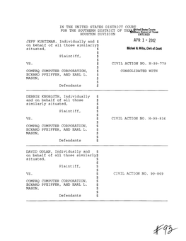 In Re: Compaq Computer Corporation Securities Litigation 99-CV-00779