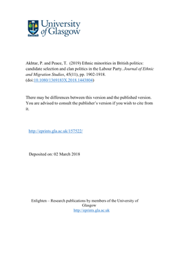 Ethnic Minorities in British Politics: Candidate Selection and Clan Politics in the Labour Party