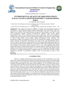 Environmental Quality of Groundwater in Kagal Taluka, Kolhapur District, Maharashtra, India