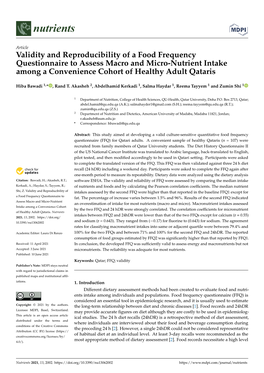 Validity and Reproducibility of a Food Frequency Questionnaire to Assess Macro and Micro-Nutrient Intake Among a Convenience Cohort of Healthy Adult Qataris