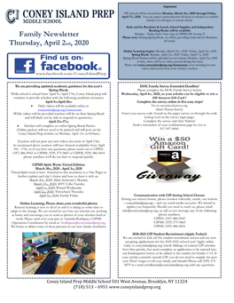 Family Newsletter Thursday, April 2Nd, 2020