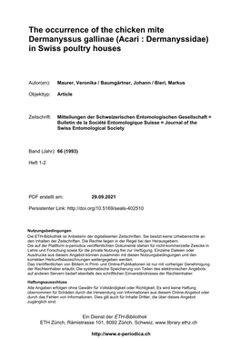 The Occurrence of the Chicken Mite Dermanyssus Gallinae (Acari : Dermanyssidae) in Swiss Poultry Houses