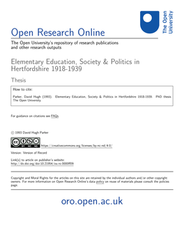 Elementary Education, Society & Politics in Hertfordshire 1918-1939