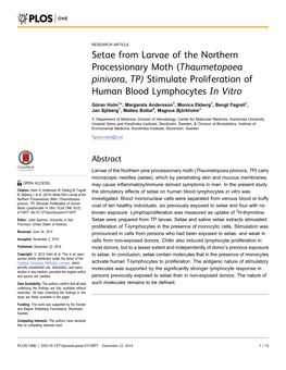 Setae from Larvae of the Northern Processionary Moth (Thaumetopoea Pinivora, TP) Stimulate Proliferation of Human Blood Lymphocytes in Vitro