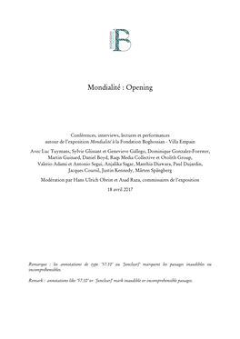 Mondialité : Opening