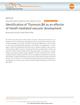 Identification of Thymosin Β4 As an Effector of Hand1-Mediated Vascular Development