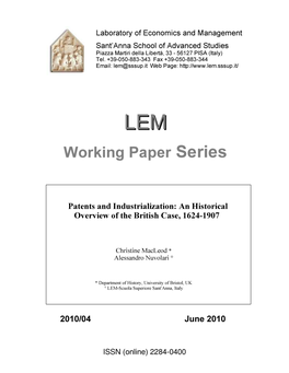 Patents and Industrialization: an Historical Overview of the British Case, 1624-1907