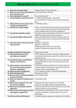 Revision Quiz: Topic 2: the Second Crusade